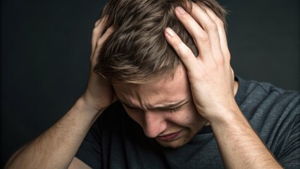 Fototapeta premium Man holding his head in distress, expressing pain or frustration against a dark background.