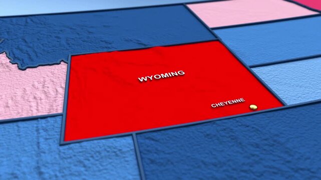 Looped 3D election map animation of the United States zooming into Wyoming state, featuring red, blue, purple and green political outcome variations.