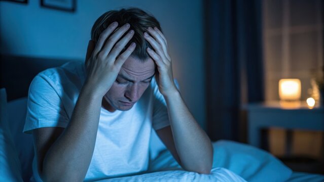 A man sits on a bed at night, holding his head in distress, illuminated by a blue light with a warm glowing lamp in the background.