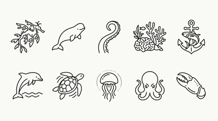 Collection of marine life icons, including a seahorse, dolphin, turtle, octopus, and jellyfish, presented in a clean line art style. © Terra