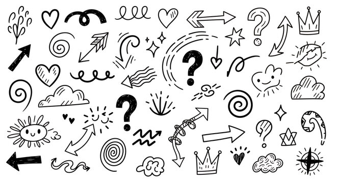 Collection of Hand-Drawn Doodles and Icon Sketches with Arrows, Symbols, and Whimsical Shapes on White Background.