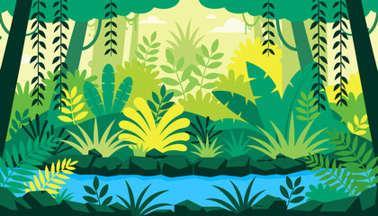 A vibrant 2D vector illustration of a lush tropical jungle, featuring various green plants and foliage in multiple shades of green (from deep forest green to bright lime). © Phaimanee