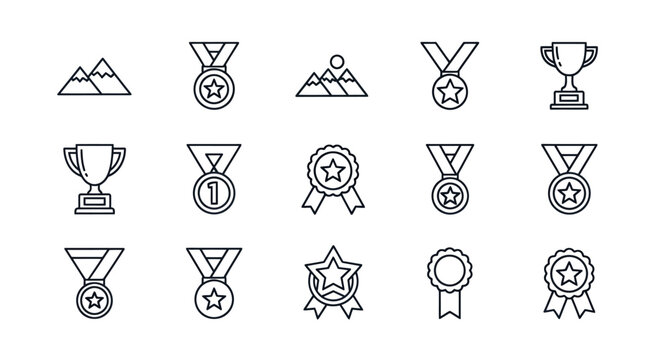 Collection of various award medals and trophies icons set.