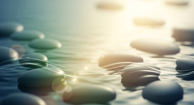 Serene Stepping Stones Path Across Calm Water with Golden Sunlight.
