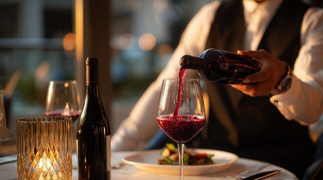 Waiter in formal attire pours rich red wine into glass warm light glows on liquid, crystal candle, full bottle, plated meal. Soft bokeh background hints upscale evening. Evokes refined service, intim