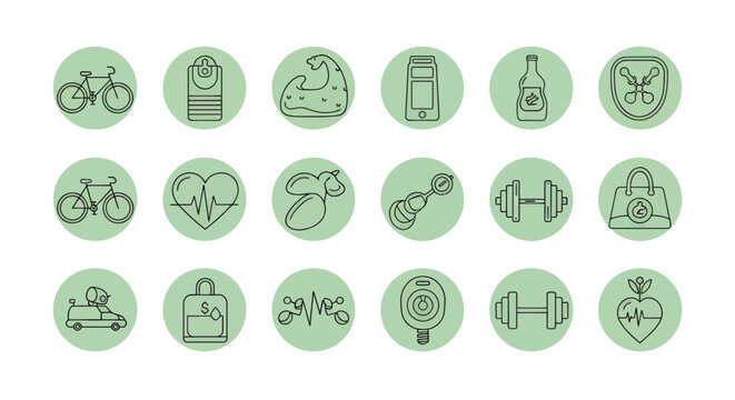 Set of green circular bicycle icons illustrating cycling and transport symbols.