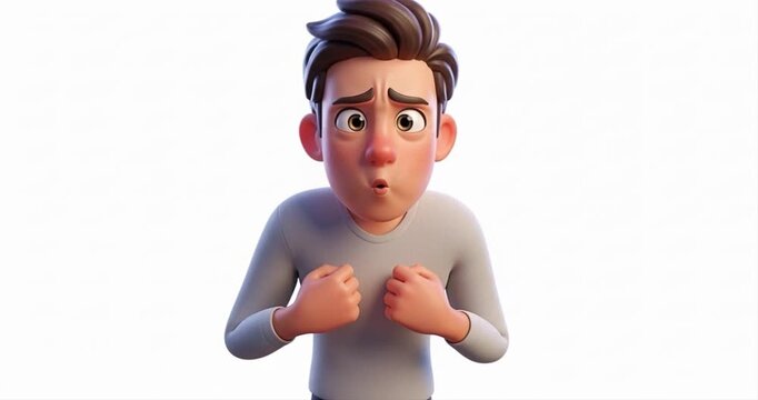 Animated cartoon male character expressing anxiety emotion isolated