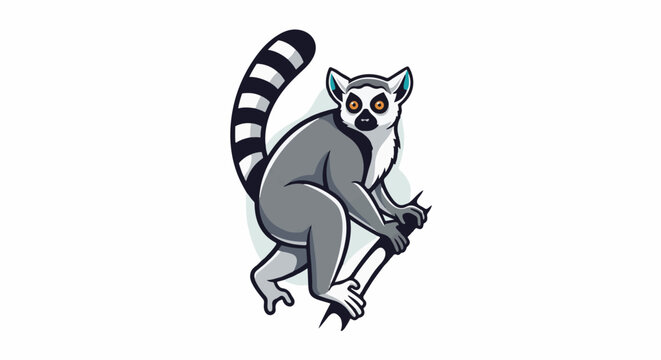 A ring-tailed lemur with a black and white striped tail clings to a branch