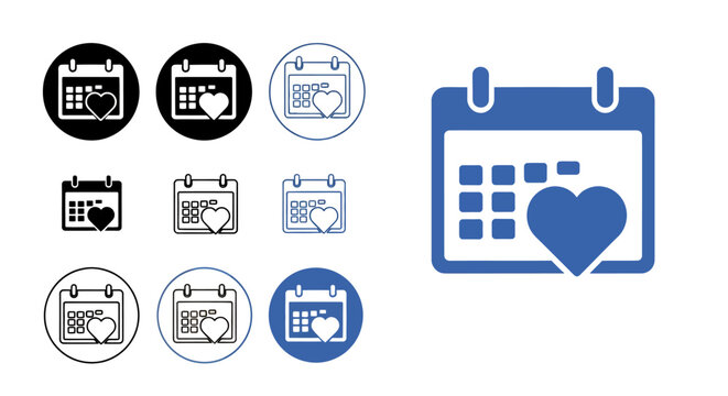 Collection of calendar and date icons with heart and clock motifs for events.