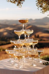 Fototapeta premium of coupe glasses with gold glitter champagne, on white tablecloth, against sunlit & olive branches. hour light enhances shimmer & reflections. Professional outdoor still life.