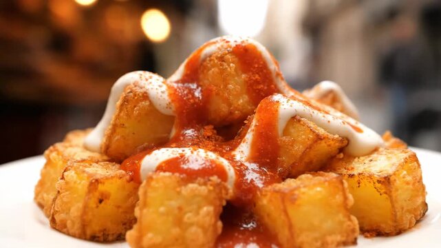 Close-up of patatas bravas, a traditional spanish tapa, featuring crispy fried potato cubes drizzled generously with spicy red bravas sauce and creamy white aioli.