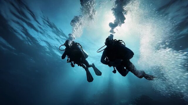 Scuba divers exploring deep blue ocean waters creating adventurous underwater travel and marine discovery scene