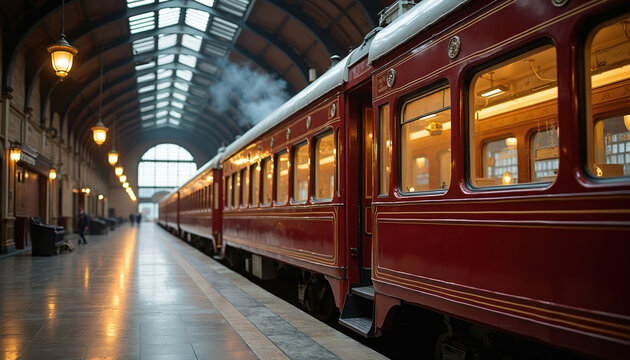Historic red train sits on platform at grand station. Elegant vintage carriage windows glow warmly with interior light. Steam rises, hinting at journey start. Old world charm awaits passengers.