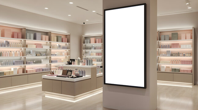 Modern boutique retail store interior with blank digital signage mockup.