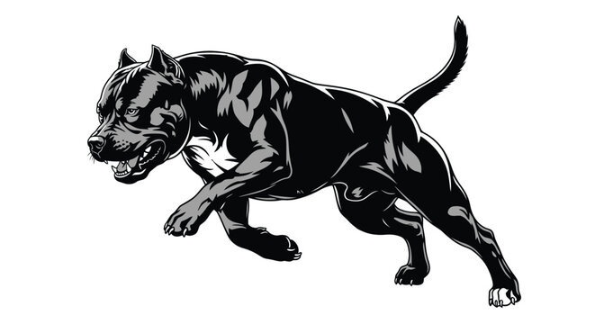 Intense black and white illustration of an aggressive pitbull dog running forward with powerful energy