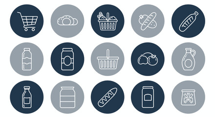 Fototapeta premium Collection of food and beverage icons displayed on circular badges.