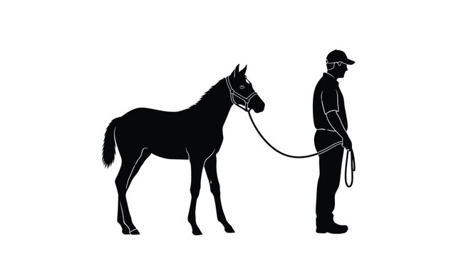 A handler stands beside a young horse holding a lead rope in this clear digital illustration