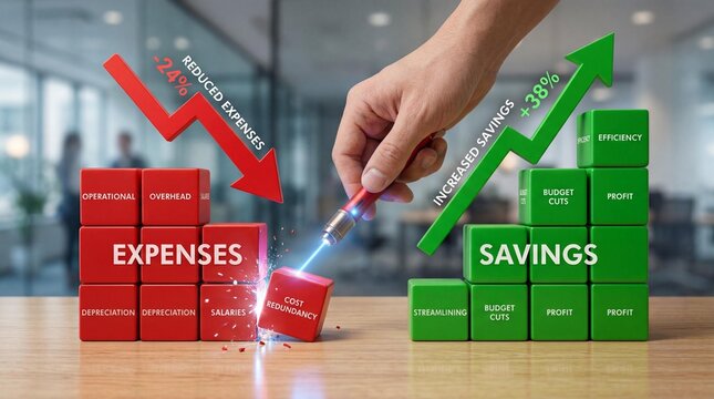 Businessman reducing expenses and increasing savings with strategy and efficiency in modern office