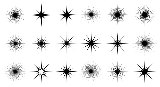 Collection of starburst icons featuring varying radiating points for graphic design.