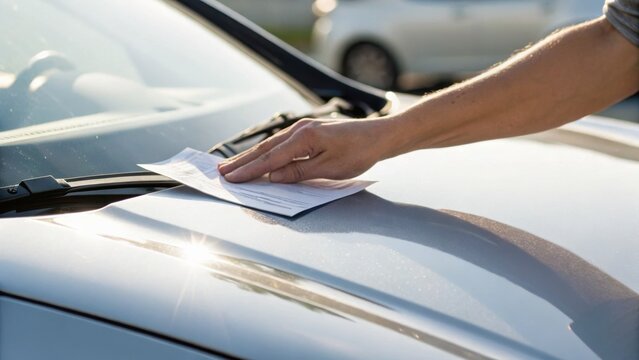 A person placing a parking ticket or fine on the windshield of a silver car in daylight.