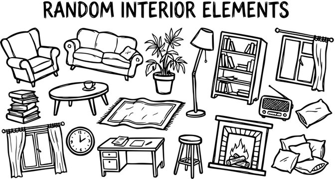 Black and White Line Art Doodle of Home Interior Elements: Furniture, Decor  Household Items. Outline Collection for Design and Decoration.