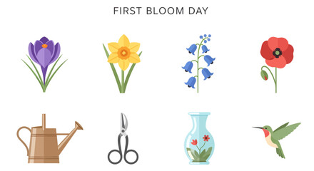 A flatdesign grid illustrating gardenthemed icons including flowers tools a vase and a hummingbird © Agung