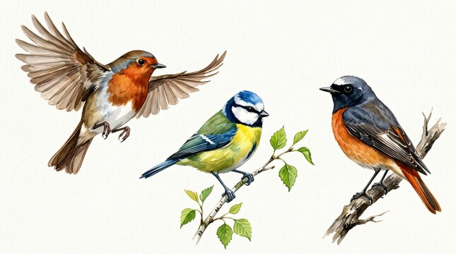 Watercolor illustration of three colorful birds on branches