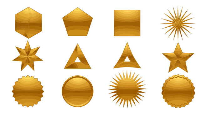 Collection of golden geometric shapes and stars on a white background for graphic resources.