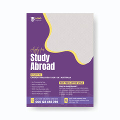 Fototapeta premium Educational consultant flyer for study abroad visa application, university admission agency marketing template with purple background and space for student photo for print and leaflet brochure cover