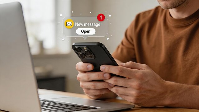 Man holding smartphone receiving new email message notification bubble, digital communication concept, instant messaging alert, mobile app interface, social media connection and