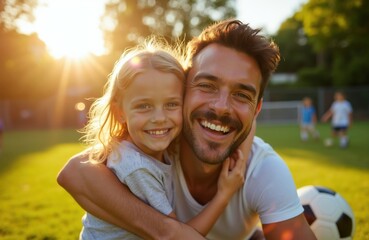 Naklejka premium Father and daughter embrace on sunny soccer field. Kids play game in background, dad and child smile. Ball rests nearby, warm sunlight filters through trees.