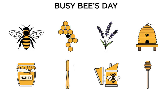 Icons of beekeeping supplies and products arranged in two rows beneath the bold title BUSY BEES DAY