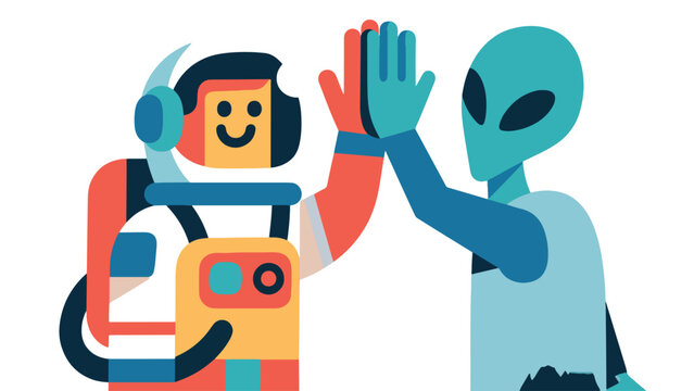 Illustration Of A Friendly Astronaut Clapping With An Alien Vector Design Template