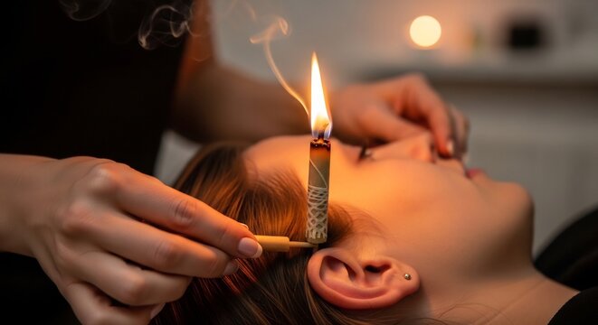 Close-up of a person receiving ear candling treatment for relaxation and wellness.