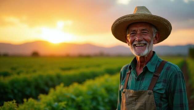 Elderly Mexican farmer smiles in green field at sunset. Man wears straw hat plaid shirt overalls. Rural landscape with crops plants in warm golden evening light.