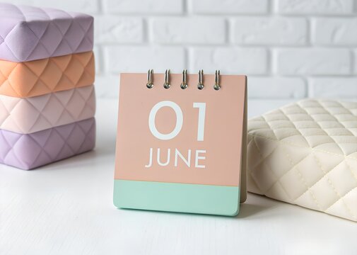 Desk calendar showing june 1st with quilted cushions ring binder mint green time management first day calendar planning schedule appointment reminder seasonal decoration stationary
