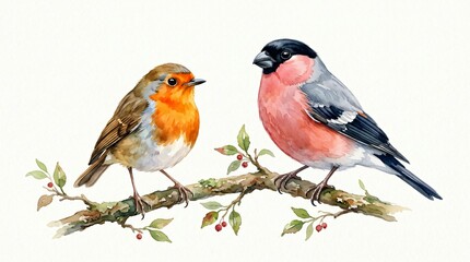 Fototapeta premium Watercolor illustration of two colorful birds perched on a branch