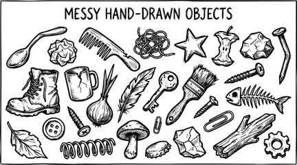 Obraz premium General Objects: Messy Hand-Drawn Everyday Items. Black and White Line Art Illustration of Miscellaneous Household and Found Objects.