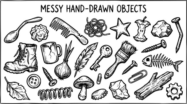 General Objects: Messy Hand-Drawn Everyday Items. Black and White Line Art Illustration of Miscellaneous Household and Found Objects.