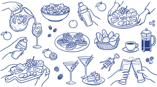 Set hand drawn doodle food and drink elements isolated. Cocktail snacks and dessert collection vector illustration.