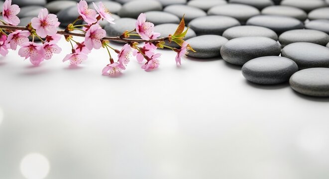 Serene Cherry Blossoms and Smooth Stones for Zen and Relaxation.