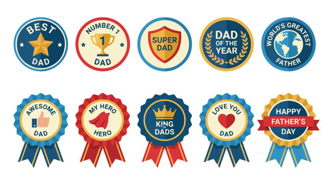 Father's Day badge collection with 10 award icons, vintage style dad celebration labels, blue and red ribbon medals for best father