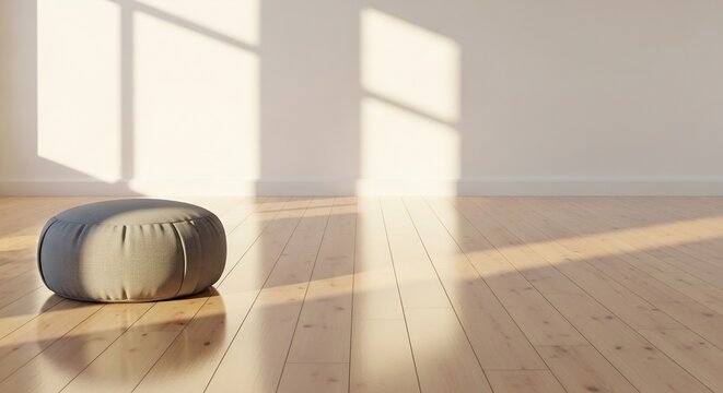 Zen Meditation Cushion Bathed in Warm Sunlight on Wooden Floor.