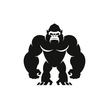 Powerful gorilla mascot vector illustration, muscular silverback ape silhouette, strong primate gym logo design, black and white animal character