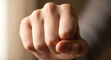 Obraz premium Fist punching forward, close up view hand, strong gesture studio lighting.