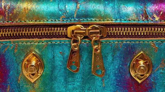 Iridescent Teal Leather Bag Zipper with Gold Pulls and Decorative Studs on Close Up