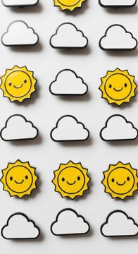 Weather icons, smiling sun and cloud symbols, yellow and white graphics