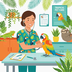 Fototapeta premium A caring veterinarian in a tropical patterned scrub top attentively examines a vibrant macaw with a stethoscope, surrounded by lush plants and exotic pets.