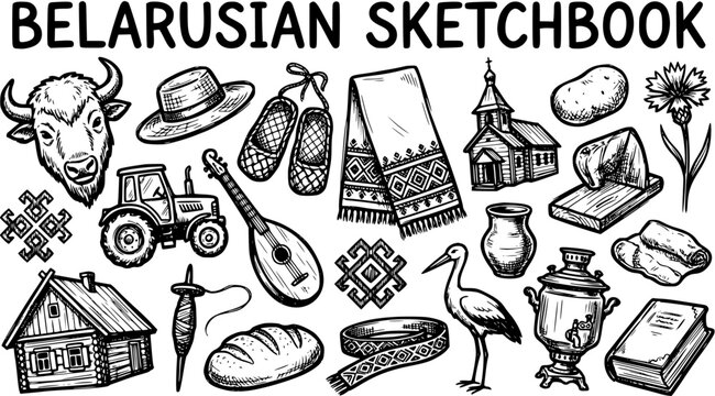 Belarusian Culture Sketchbook: Hand-drawn Black and White Line Art Collection of Traditional Symbols, Rural Life Objects  Heritage Icons