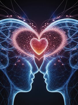 Symmetrical illustration capturing the connection of love and thought between two faces in a mesmerizing blue light design. Artificial Intelligence Appreciation Day